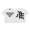 MIXED EMOTION "Emotions Never Die" Gothic Logo Graphic Short Sleeve T-Shirt - Off-White